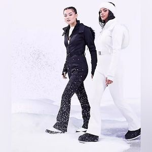 Black Belted Ski Suit W/ Slim Kick Leg & Faux Fur Hood Sz 2 New